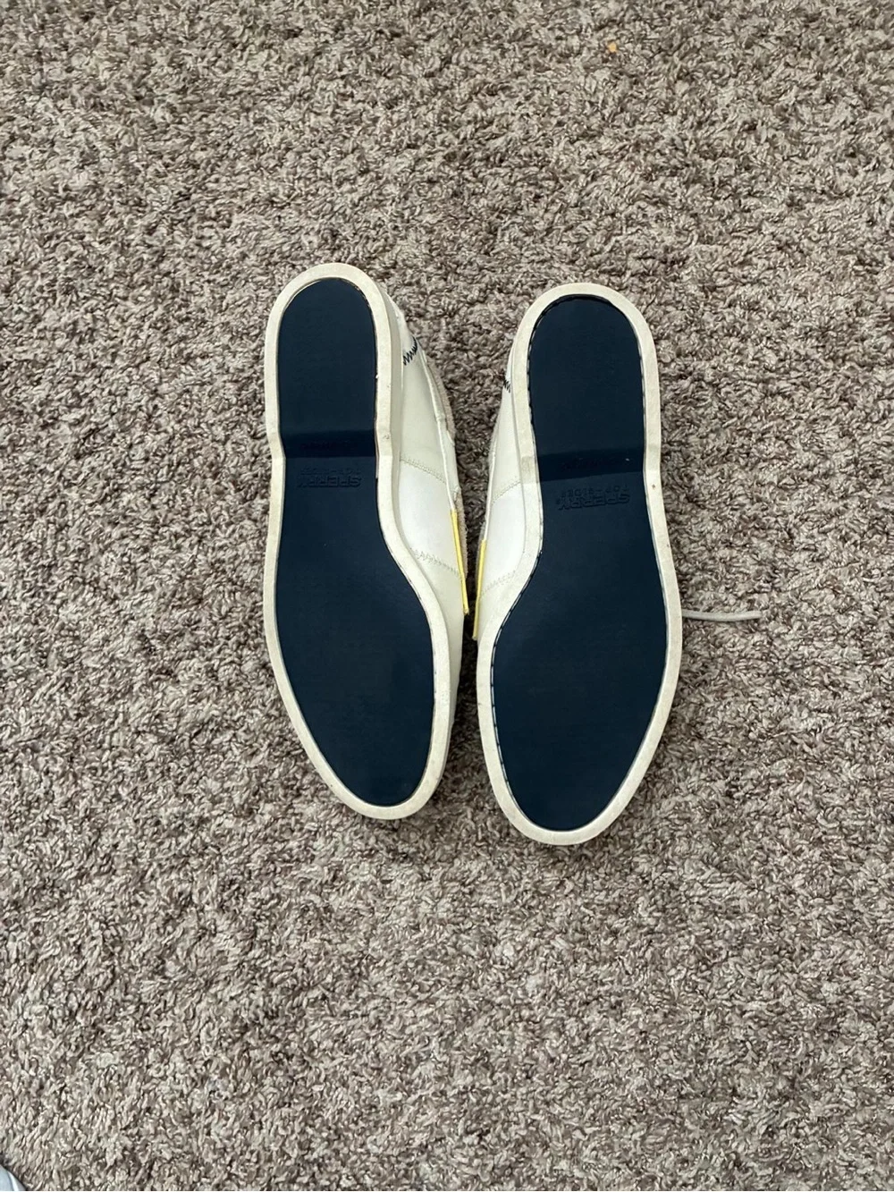 Sperry White Boat Shoe with Red Toe and Navy Side Accents, size 9.